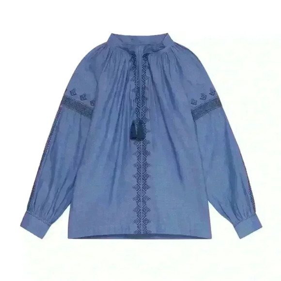 VANESSA BRUNO Anita Embroider Split Neck Blouse In Blue Size Medium - Picture 9 of 9